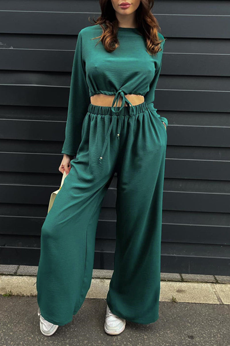 Simplicity Draw String Fold O Neck Long Sleeve Two Pieces