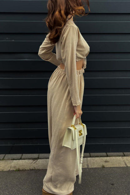 Simplicity Draw String Fold O Neck Long Sleeve Two Pieces