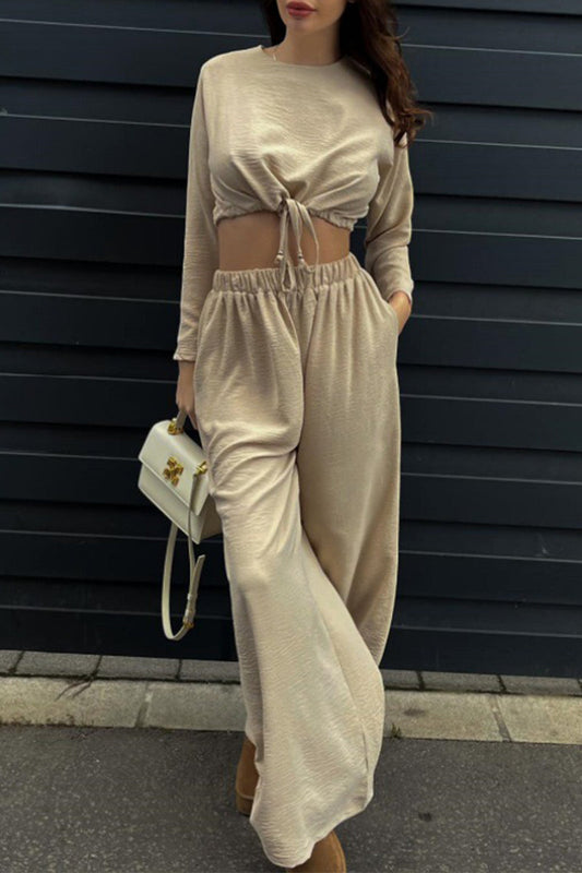 Simplicity Draw String Fold O Neck Long Sleeve Two Pieces