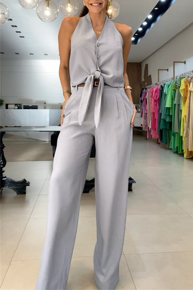 British Style Pocket Frenulum V Neck Sleeveless Two Pieces