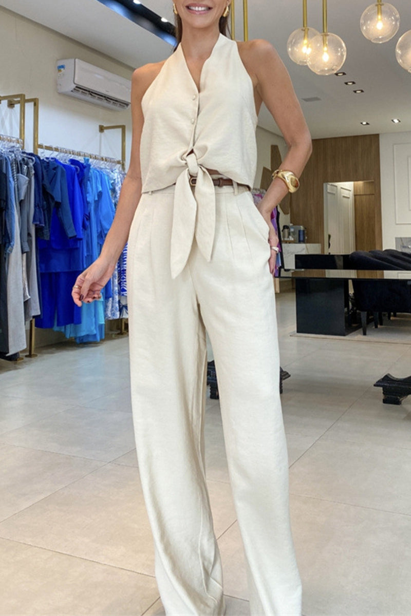 British Style Pocket Frenulum V Neck Sleeveless Two Pieces