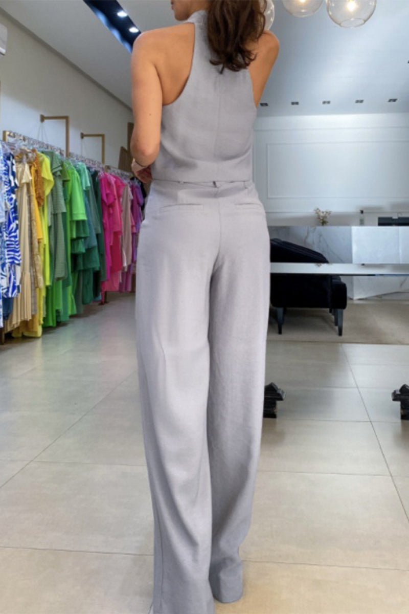 British Style Pocket Frenulum V Neck Sleeveless Two Pieces