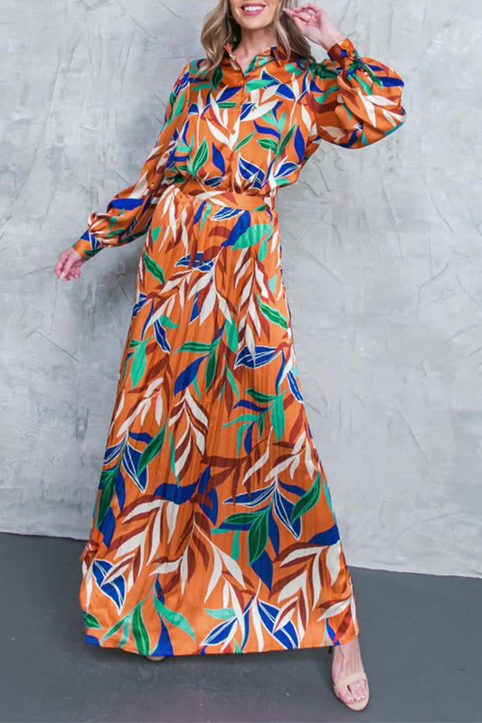 Pleated Turndown Collar Long Sleeve Two Pieces