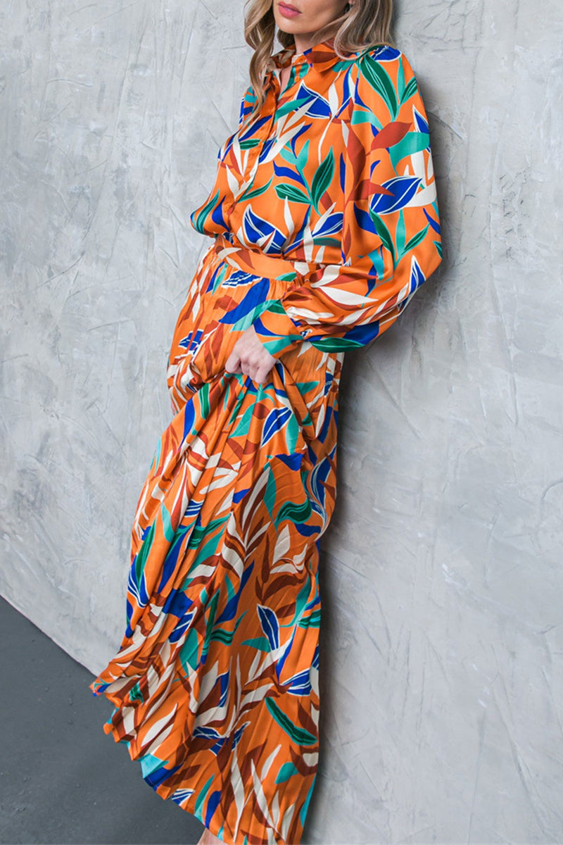 Pleated Turndown Collar Long Sleeve Two Pieces