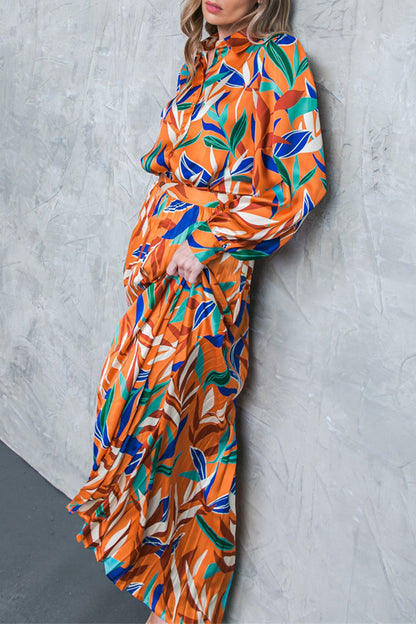 Pleated Turndown Collar Long Sleeve Two Pieces