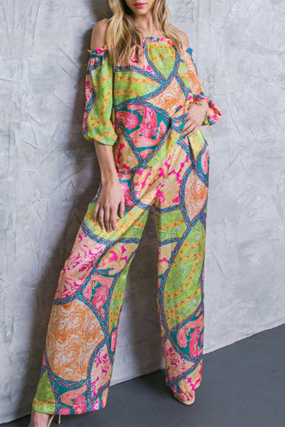 Sweet Color Block Make Old Contrast Off the Shoulder Three Quarter Two Pieces