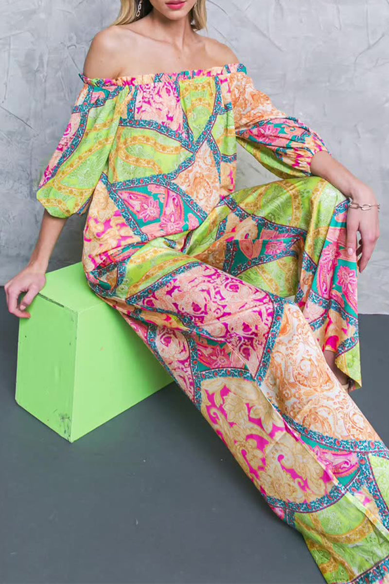 Sweet Color Block Make Old Contrast Off the Shoulder Three Quarter Two Pieces