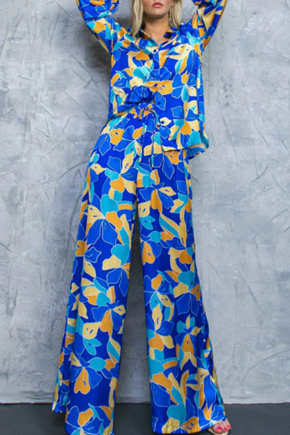 Geometric Print Contrast Turndown Collar Long Sleeve Two Pieces