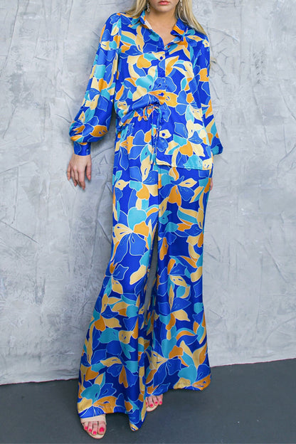 Geometric Print Contrast Turndown Collar Long Sleeve Two Pieces