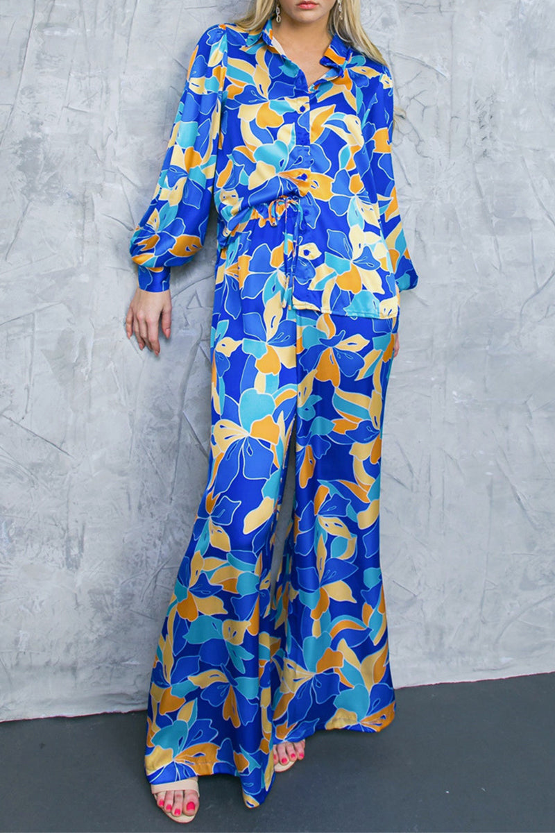 Geometric Print Contrast Turndown Collar Long Sleeve Two Pieces