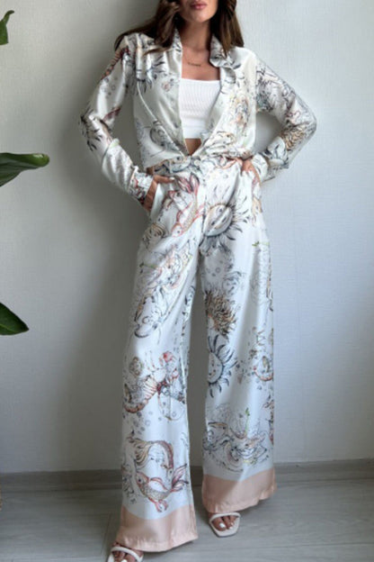 Print Animal Pocket Buttons Turndown Collar Long Sleeve Two Pieces