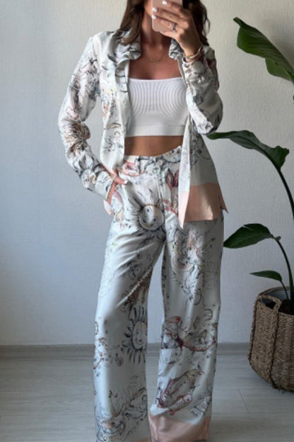 Print Animal Pocket Buttons Turndown Collar Long Sleeve Two Pieces