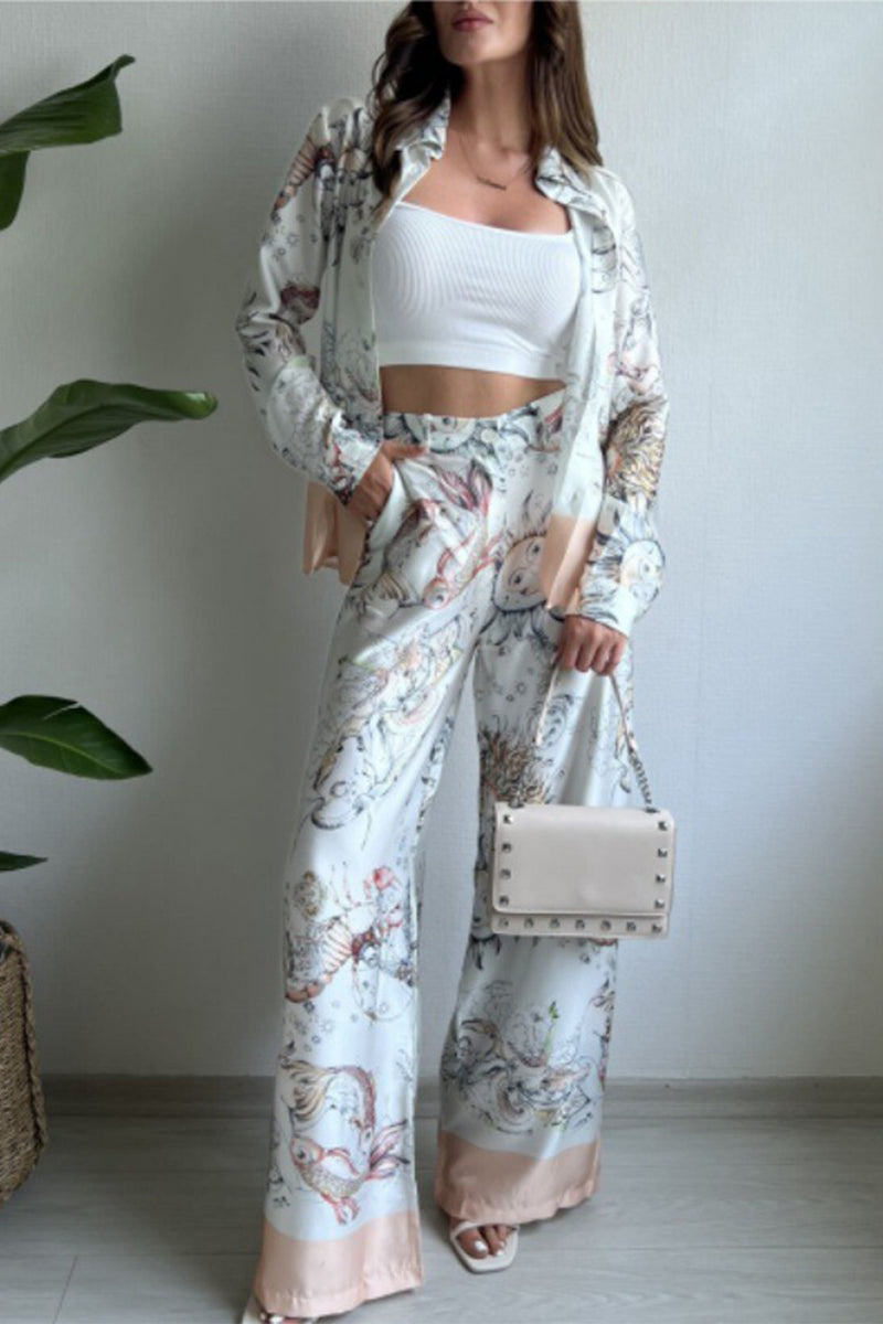 Print Animal Pocket Buttons Turndown Collar Long Sleeve Two Pieces