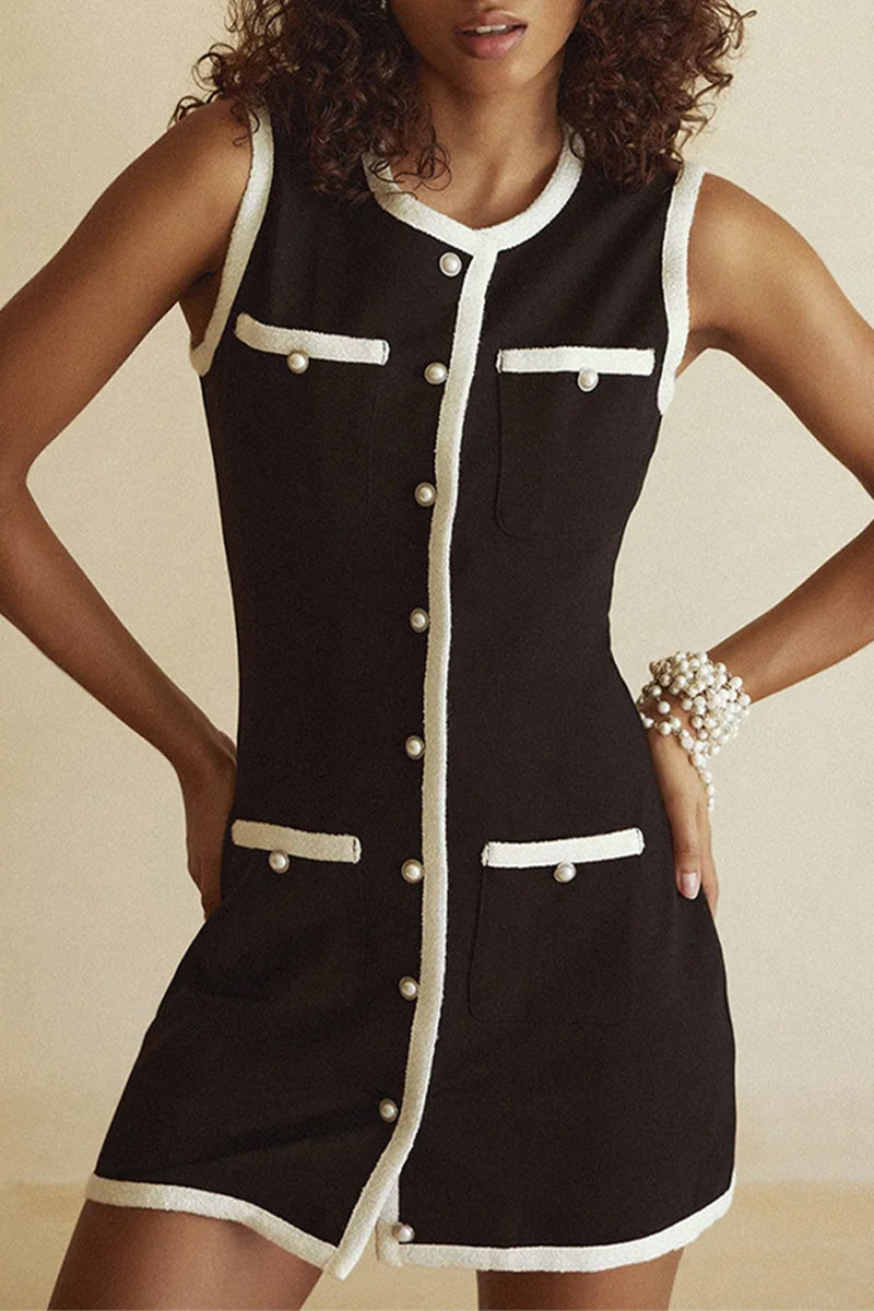 Celebrities Buttons Pearl O Neck Wrapped Skirt Dresses