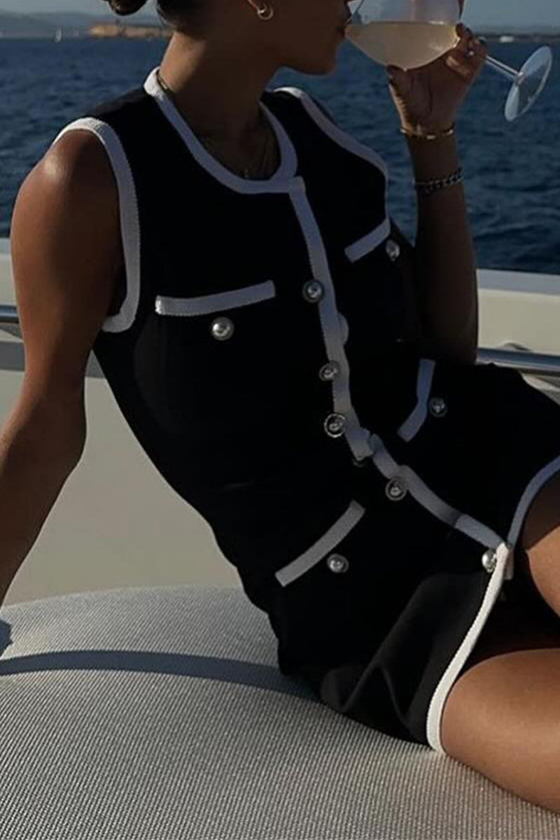 Celebrities Buttons Pearl O Neck Wrapped Skirt Dresses