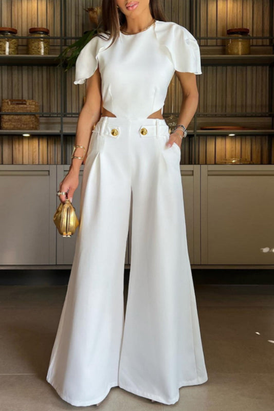 Hollowed Out Patchwork O Neck Regular Jumpsuits
