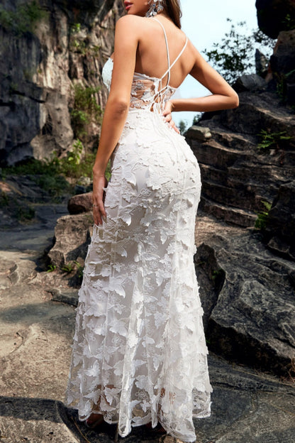 Formal Patchwork See-through Backless Spaghetti Strap Long Dresses