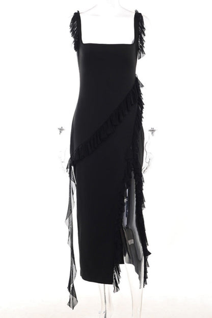 Patchwork Backless Slit Spaghetti Strap Long Dresses(3 Colors)