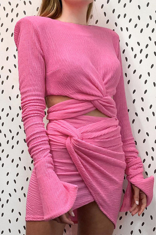 Hollowed Out Fold O Neck Long Sleeve Two Pieces
