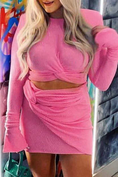 Hollowed Out Fold O Neck Long Sleeve Two Pieces