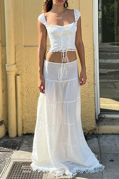 Bandage Patchwork Square Collar Sleeveless Two Pieces