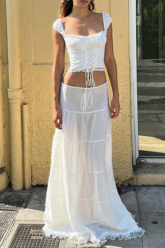 Bandage Patchwork Square Collar Sleeveless Two Pieces