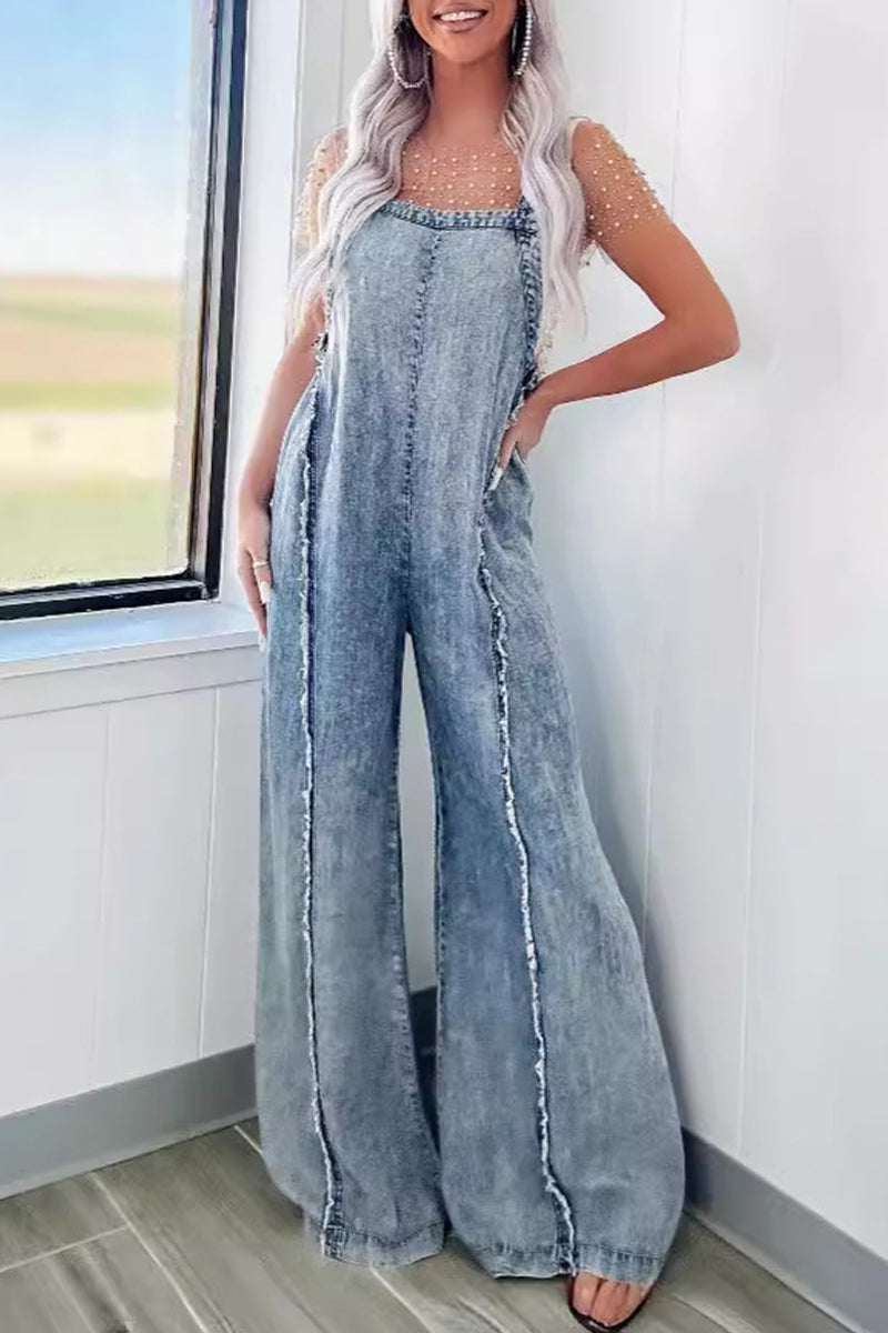Street Patchwork Backless Square Collar Sleeveless Loose Denim Jumpsuits