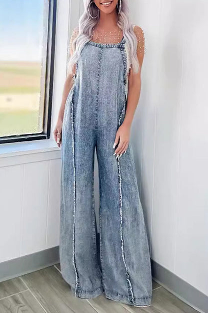 Street Patchwork Backless Square Collar Sleeveless Loose Denim Jumpsuits