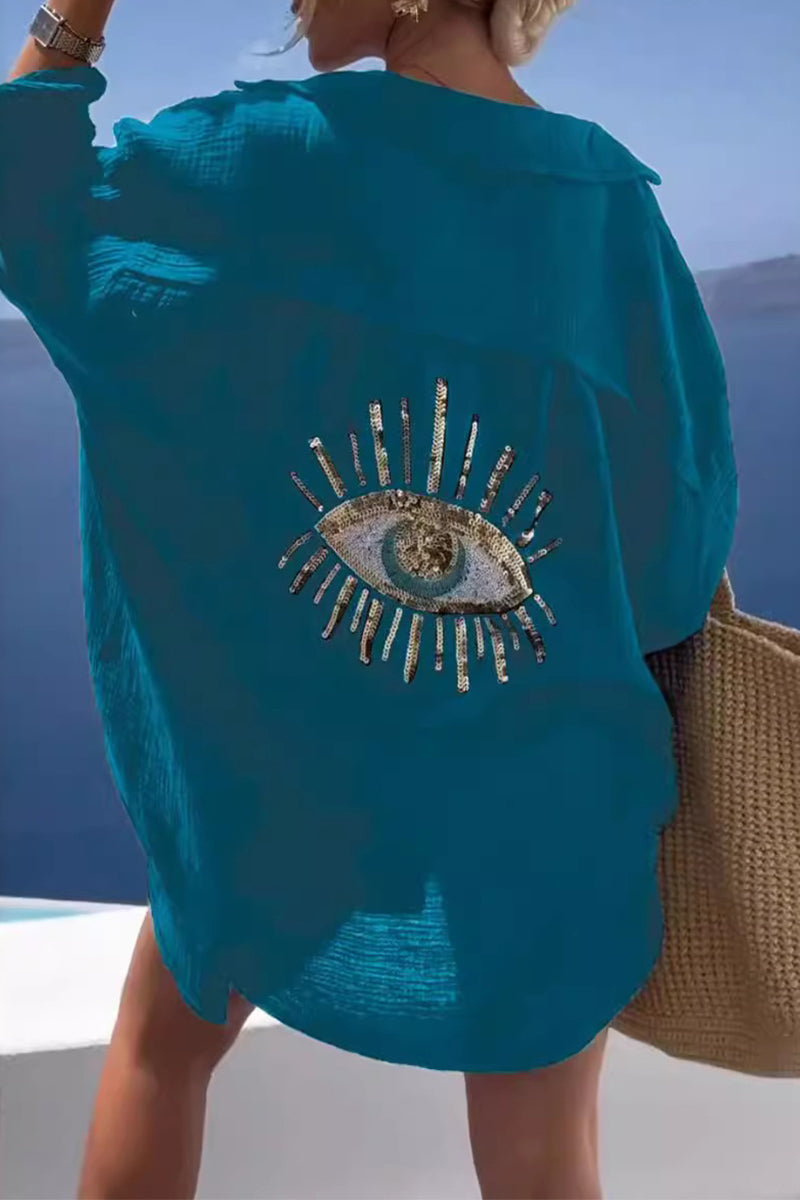 Eyes Printed Patchwork Turndown Collar Blouses(8 Colors)