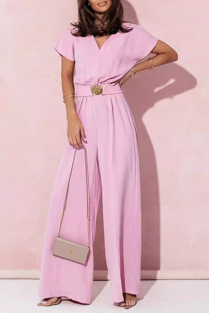 Metal Accessories Decoration V Neck Loose Jumpsuits