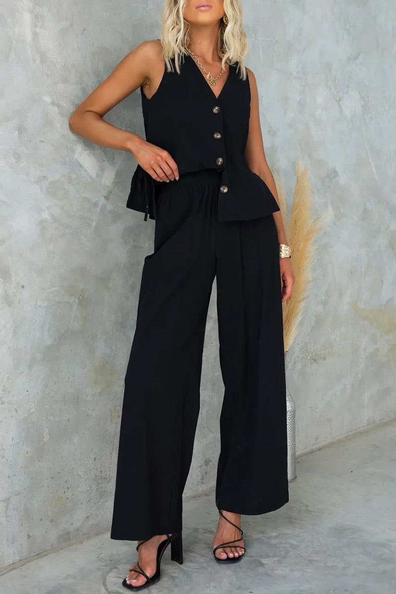 Frenulum Buttons V Neck Sleeveless Two Pieces