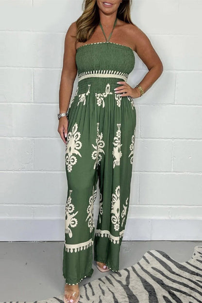 National Totem Print Patchwork Halter Loose Jumpsuits