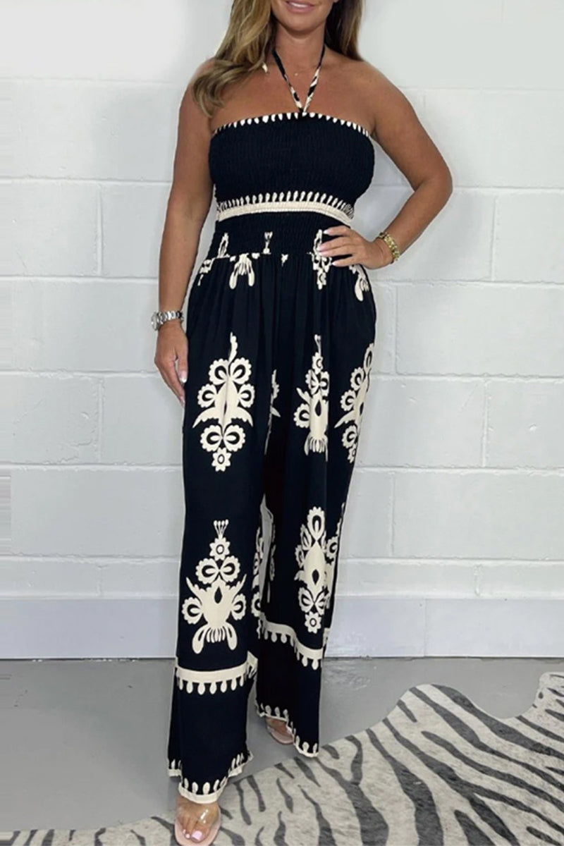 National Totem Print Patchwork Halter Loose Jumpsuits