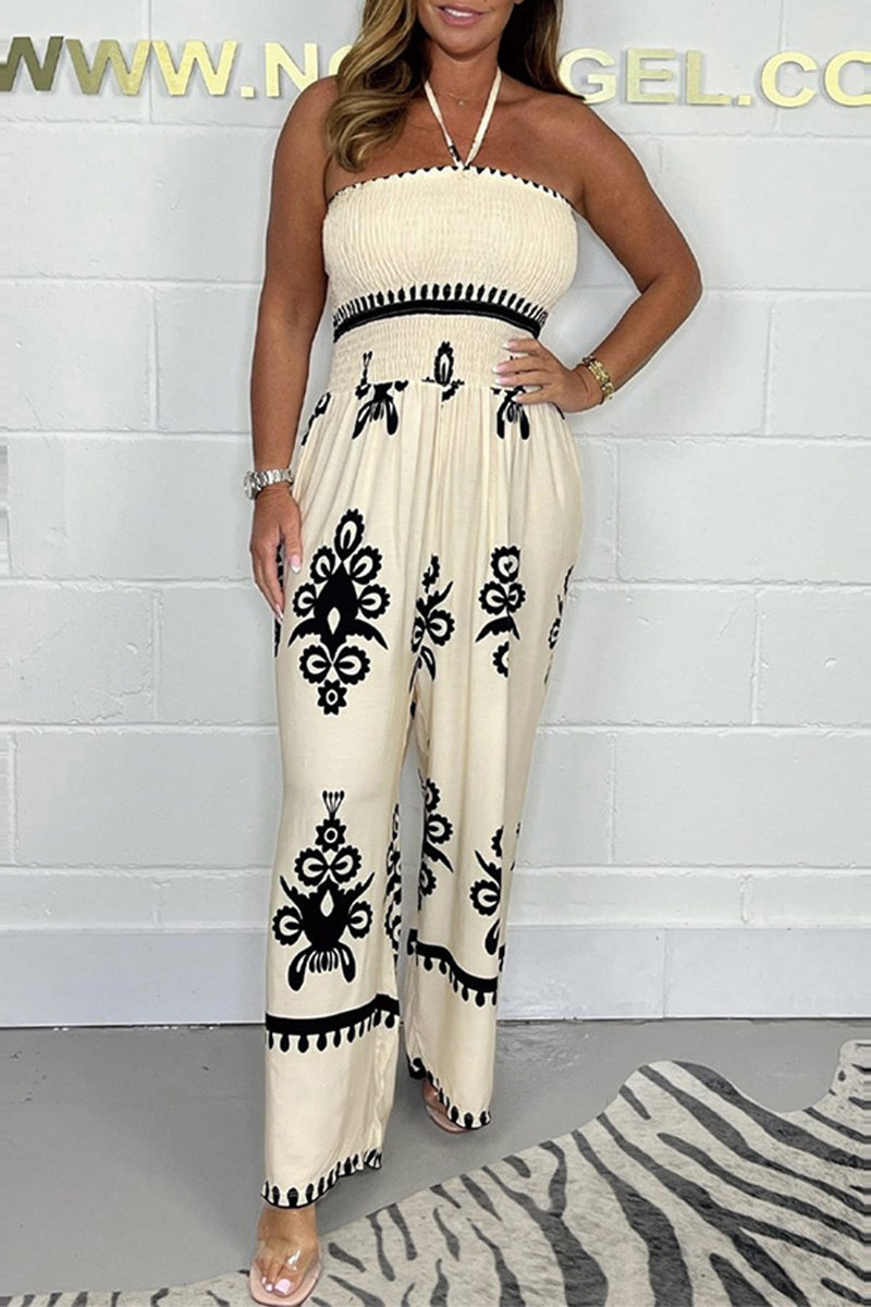 National Totem Print Patchwork Halter Loose Jumpsuits