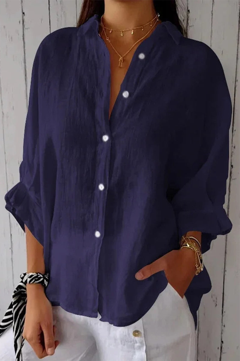 Frenulum Buttons Slit Turndown Collar Blouses(7 Colors)