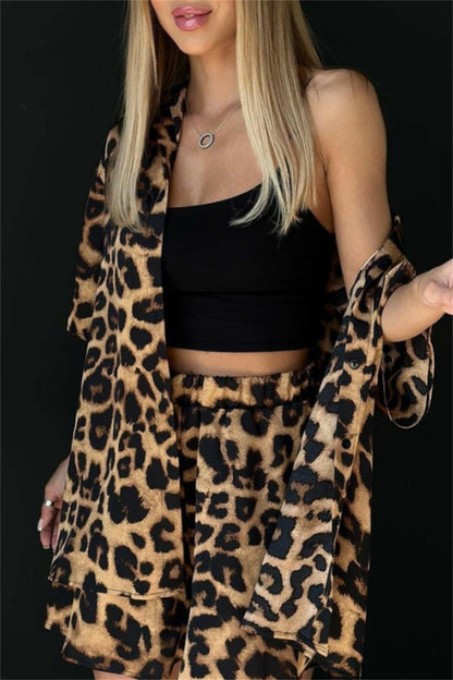 Print Leopard Basic Turndown Collar Half Sleeve Two Pieces