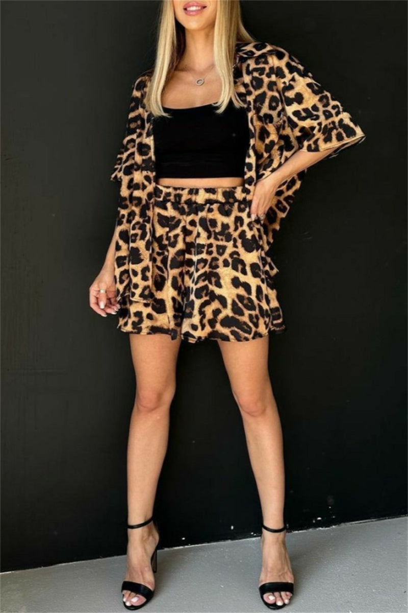 Print Leopard Basic Turndown Collar Half Sleeve Two Pieces