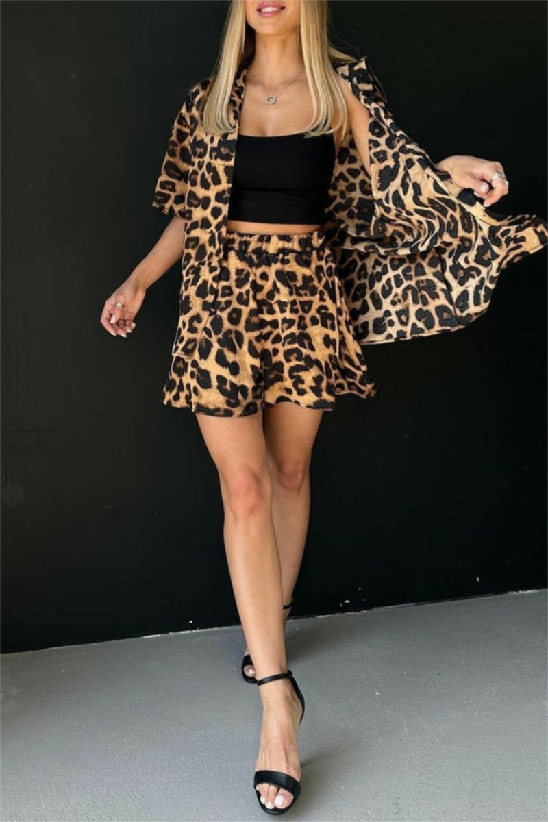 Print Leopard Basic Turndown Collar Half Sleeve Two Pieces