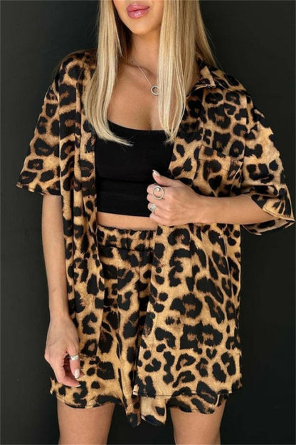 Print Leopard Basic Turndown Collar Half Sleeve Two Pieces