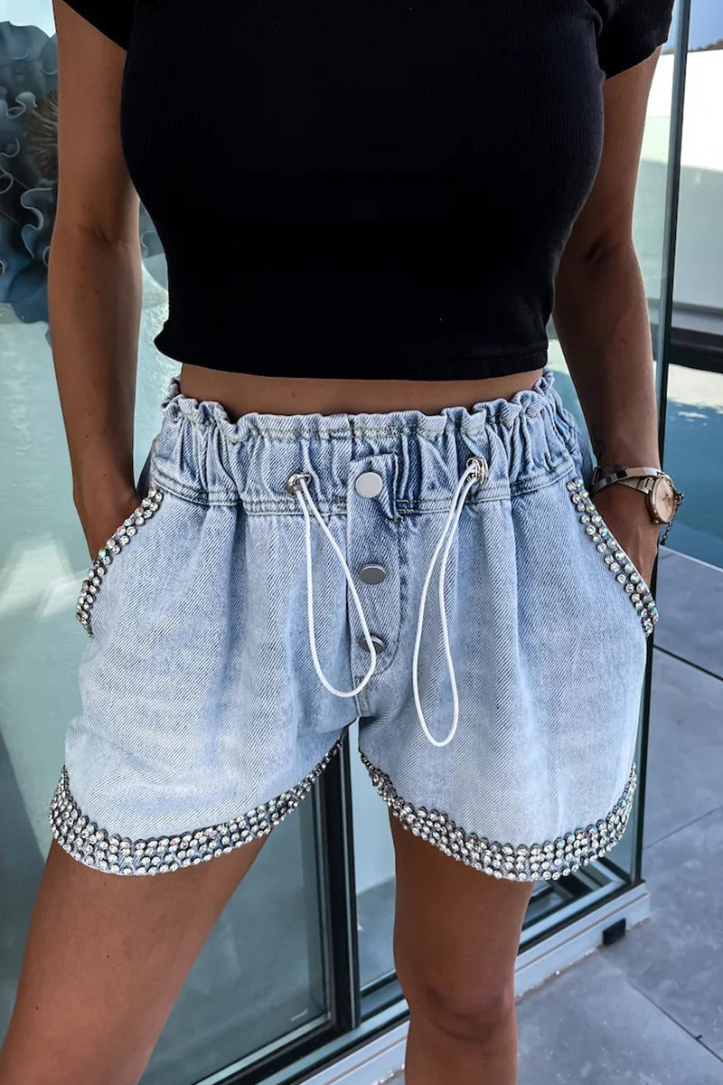Street the Stars Draw String Hot Drill High Waist Loose Denim Shorts