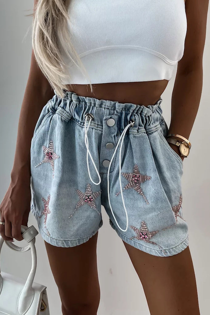 Street the Stars Draw String Hot Drill High Waist Loose Denim Shorts