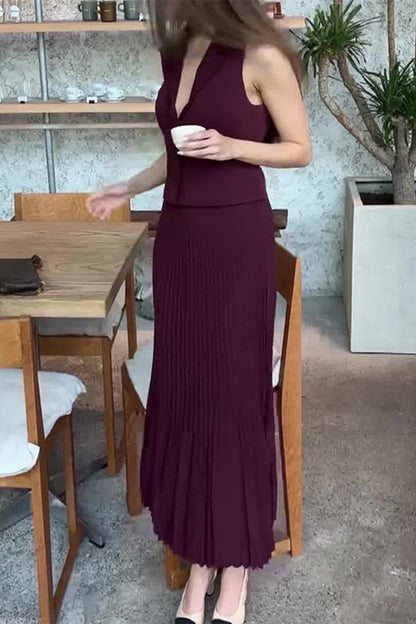 British Style Stringy Selvedge Pleated V Neck Sleeveless Two Pieces