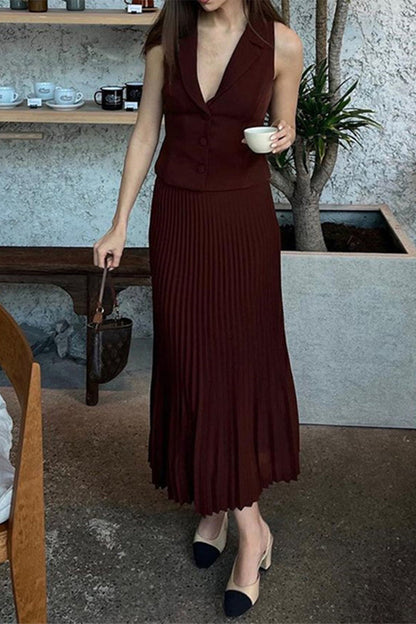 British Style Stringy Selvedge Pleated V Neck Sleeveless Two Pieces