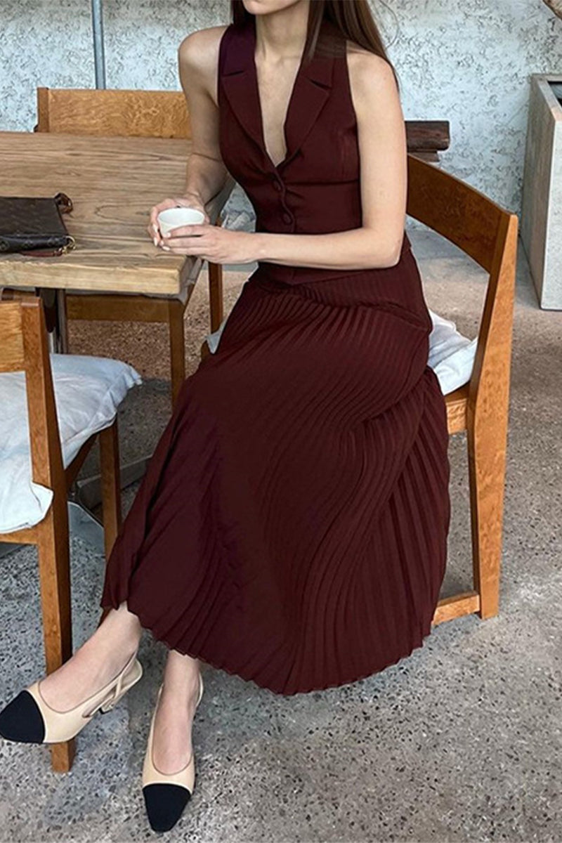 British Style Stringy Selvedge Pleated V Neck Sleeveless Two Pieces
