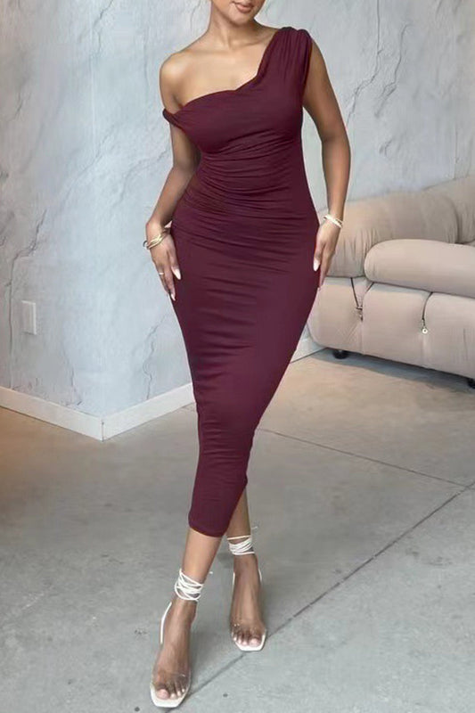 Basic Oblique Collar Wrapped Skirt Dresses
