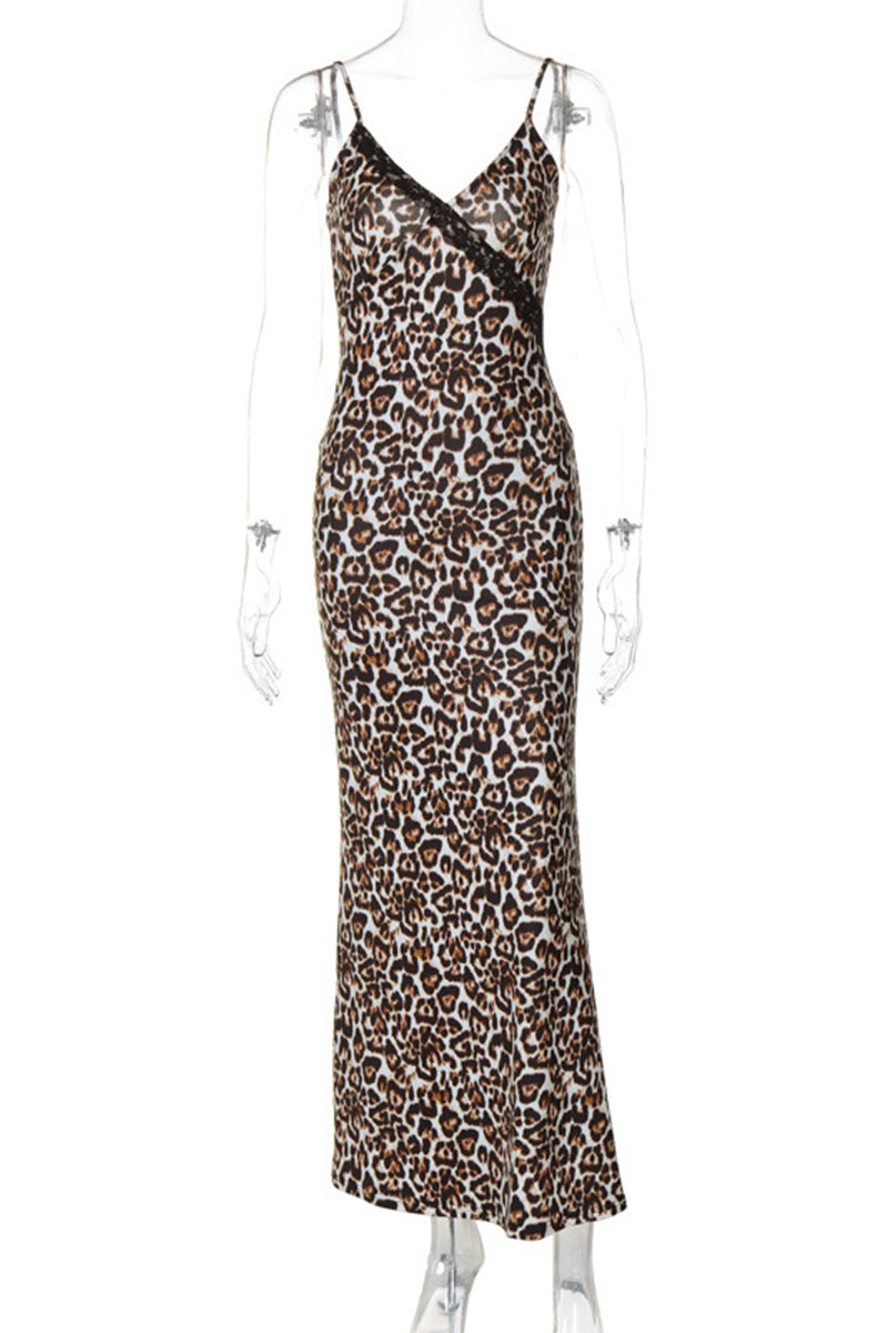 Leopard Backless V Neck One Step Skirt Dresses