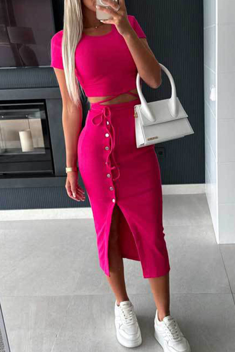 Bandage Buckle O Neck Short Sleeve Two Pieces