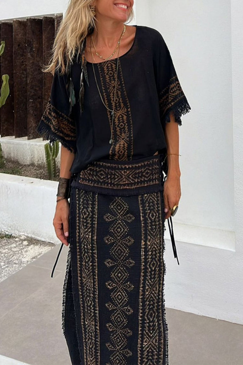 National Totem Print Tassel Slit O Neck Half Sleeve Two Pieces