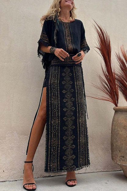 National Totem Print Tassel Slit O Neck Half Sleeve Two Pieces