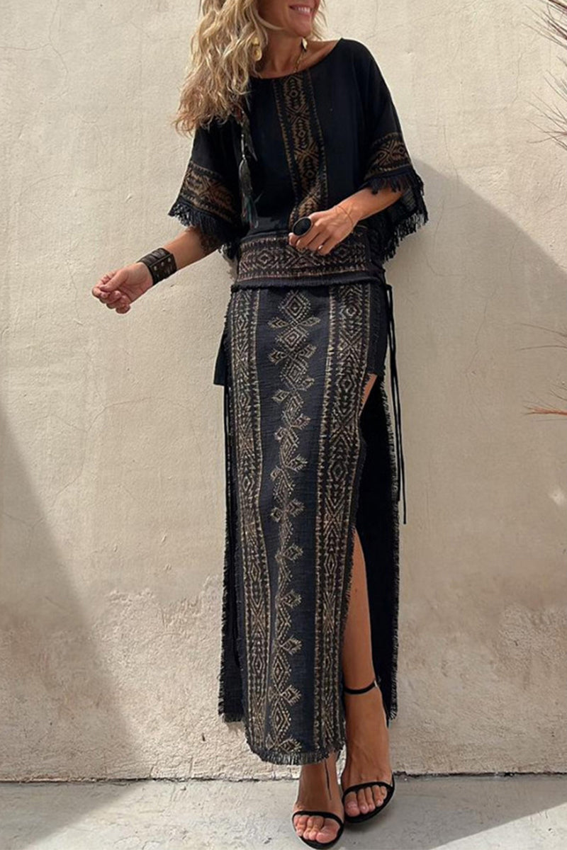 National Totem Print Tassel Slit O Neck Half Sleeve Two Pieces